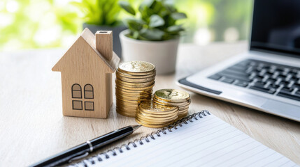 wooden house model next to stacks of coins and laptop symbolizes investment