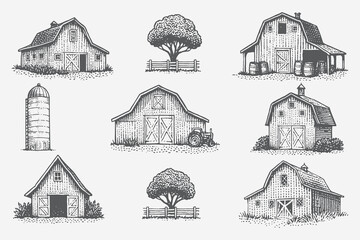 Collection of countryside barns showing different architectural styles