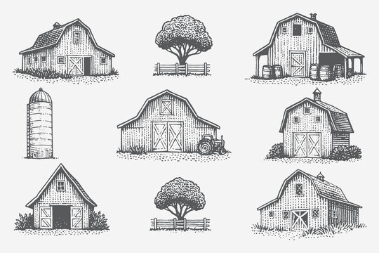 Collection of countryside barns showing different architectural styles
