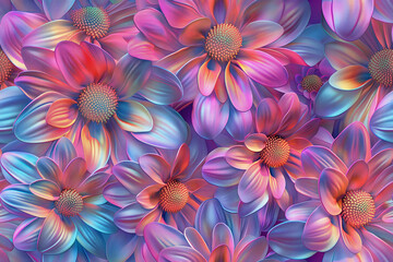 Seamless vibrant iridescent floral pattern with glowing pink, blue and purple petals