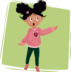 A seven-year-old girl in a pink sweatshirt and green leggings points into the distance in surprise