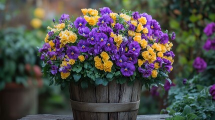 A beautiful floral arrangement featuring purple and yellow blossoms in a rustic wooden bucket, set in an outdoor garden