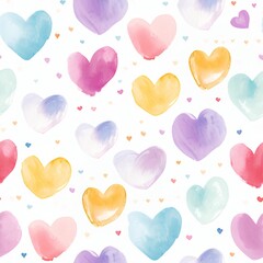 Obraz premium Watercolor hearts seamless pattern in pastel colors pink blue yellow purple on white background. Valentine day, Mother day, Wedding decoration. Romantic love wallpaper design with copy space