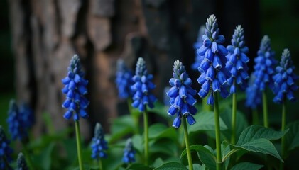 Fototapeta premium Blue hyssop flowers against a dark wooden background or tree trunk, dark wood, floral