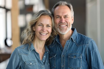 Portrait of a smiling couple in their 40s sporting a versatile denim shirt in front of sophisticated corporate office background