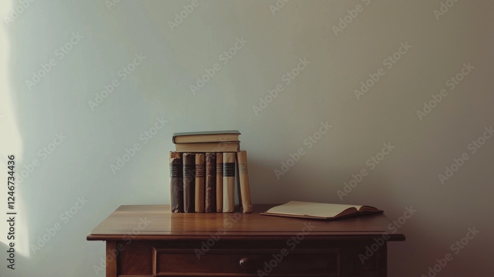 Poster bright and minimalist workspace featuring an empty desk with neatly arranged books and supplies agai