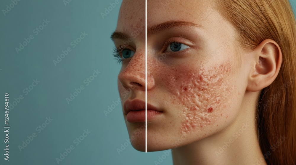 Poster split face comparison showing acne and smooth skin highlighting differences in skin health and appea