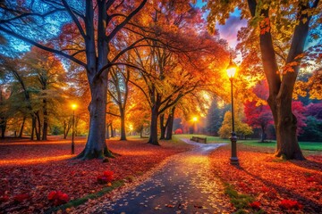Fototapeta premium Enchanting Colorful Forest Park at Dusk - Low Light Photography
