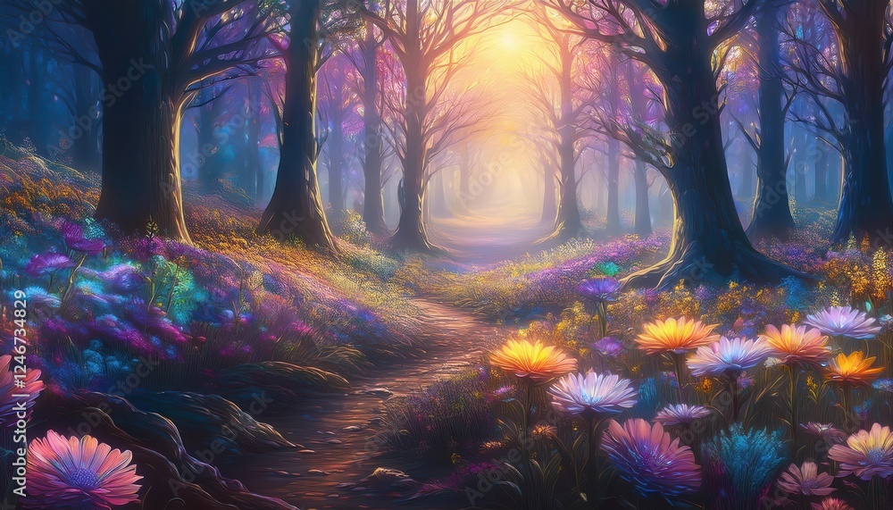 Aufkleber dark forest transitions into a mysterious abyss as faint light filters through the trees and colorfu