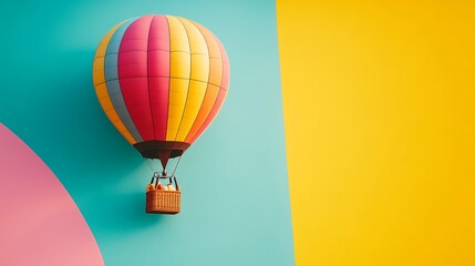 A colorful hot air balloon with a picnic basket isolated on a colorful background