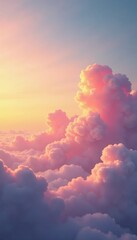 Warm tones of pink and yellow in the early morning sky with fluffy clouds, fluffy, soft, warm