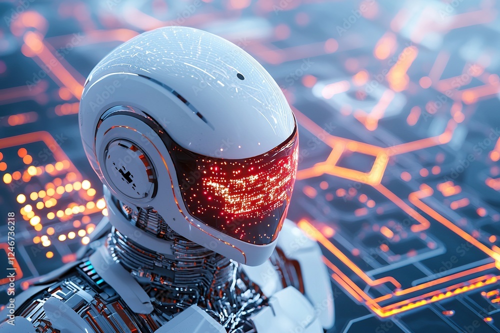 Aufkleber a futuristic robot head with a glowing visor stands against a digital backdrop, showcasing advanced 