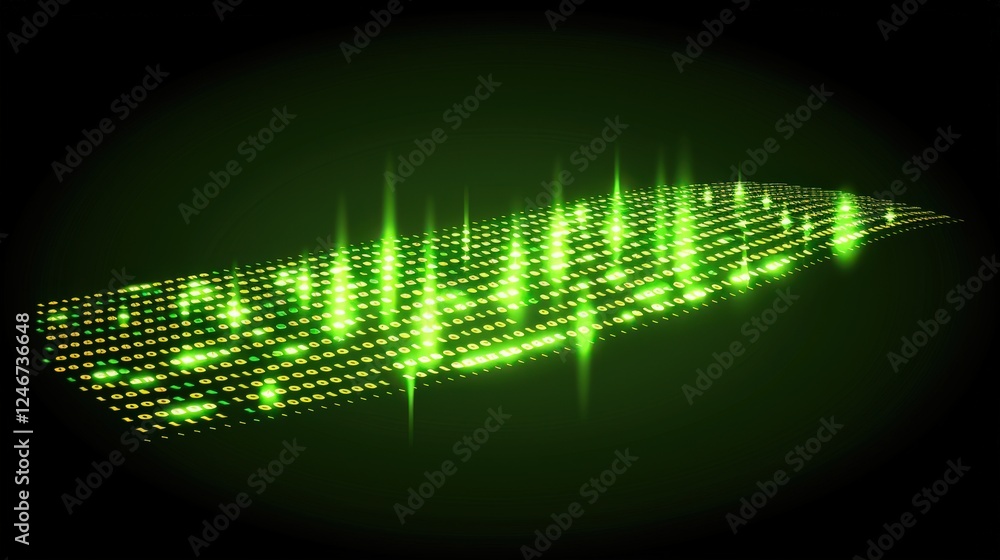 Poster a glowing green waveform visualization representing sound or audio frequencies against a dark backgr