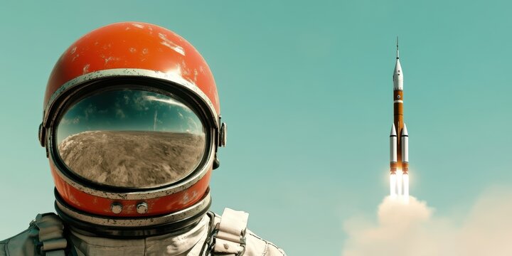 space exploration tribute, an iconic vostok rocket launch is blurred in the background of a vintage cosmonaut helmet, paying tribute to soviet cosmonauts