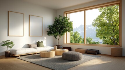 Fototapeta premium Modern living room interior featuring a comfortable couch and a decorative indoor tree in natural light