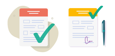 Agreement contract signature icon, survey exam report file tax form vector graphic flat modern set, approved office business document check mark, certified settlement audit checkmark application
