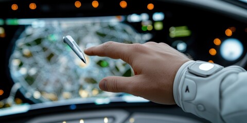 space station exploration, hand grasps at a floating pen in zero gravity inside a spacecraft, with blurred navigation screens and space maps in the background