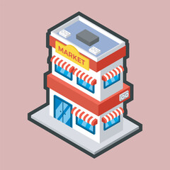 isometric two floor building with outline flat vector design.