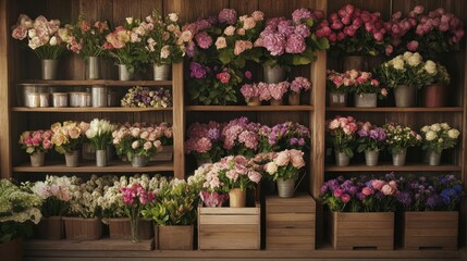 Fototapeta premium A beautifully decorated florist shop, with shelves full of fresh-cut flowers in rustic vases and wooden crates