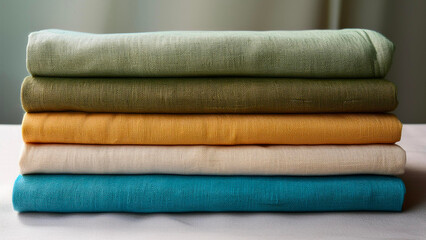 A folded stack of colorful linen fabrics