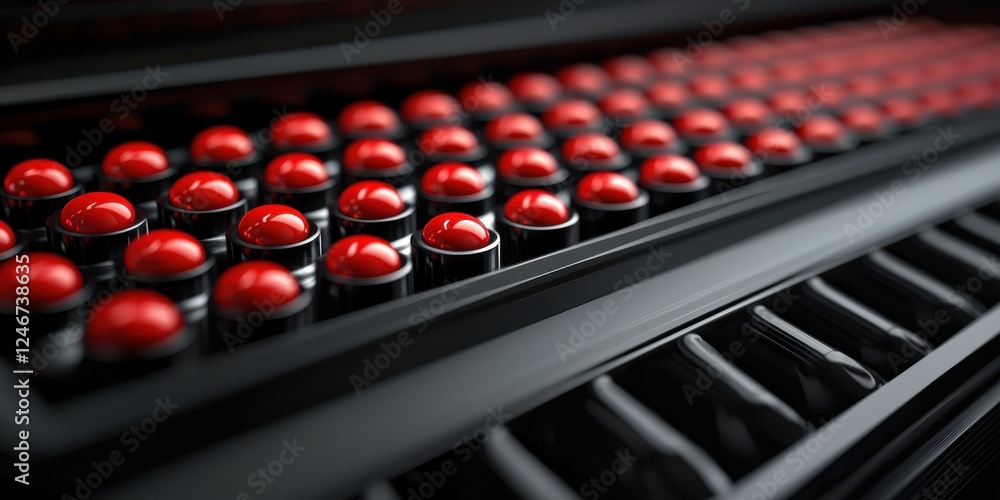 Poster a close-up view of a series of red, glossy buttons arranged in a sleek black panel, creating a strik