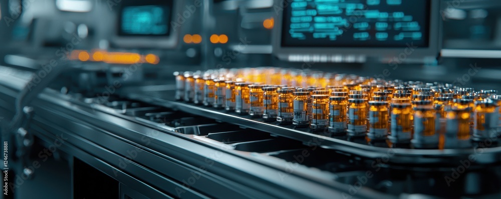 Poster a close-up view of numerous filled vials on a lab countertop, showcasing advanced technology and a s
