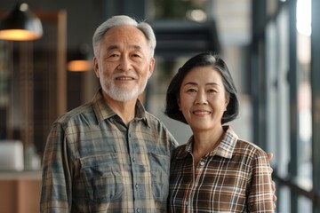 Obraz premium Portrait of a satisfied asian couple in their 50s sporting a breathable hiking shirt over sophisticated corporate office background