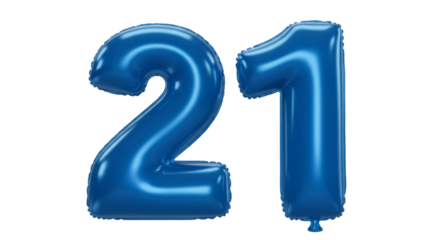 Realistic 3D blue number 21 twenty-one shaped balloon isolated on white or transparent background