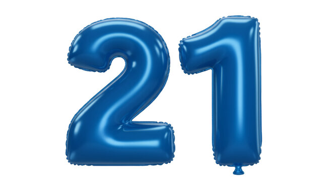 Realistic 3D blue number 21 twenty-one shaped balloon isolated on white or transparent background