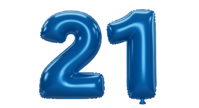 Realistic 3D blue number 21 twenty-one shaped balloon isolated on white or transparent background