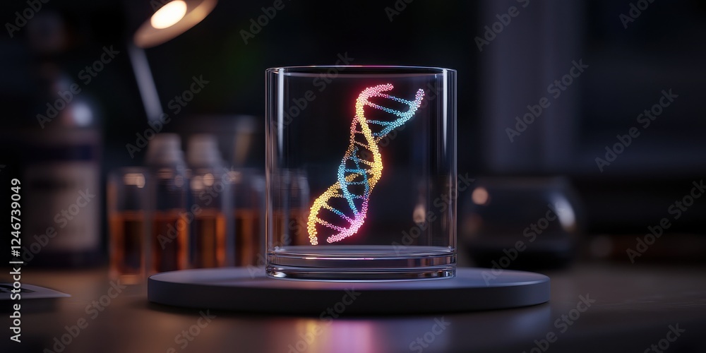 Poster a glowing dna strand is displayed in a glass container, surrounded by scientific instruments and ill