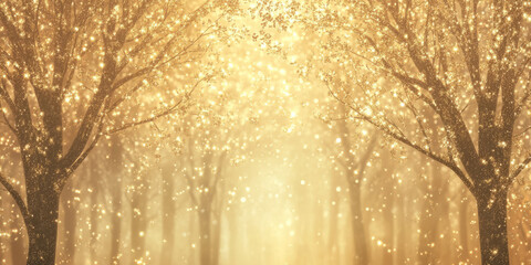 Obraz premium Fantasy enchanted gold forest background with glowing metallic trees, ethereal and magical.