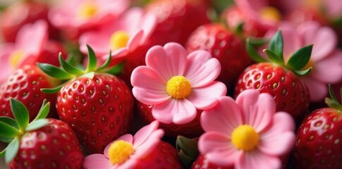 Gold and pink candies in a strawberry flower arrangement, colorful candies, flower fields, floral decor