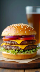 A juicy double cheeseburger with two beef patties, melted cheddar cheese, fresh lettuce, tomato, and red onion, served on a sesame seed bun with a cold beer in the background