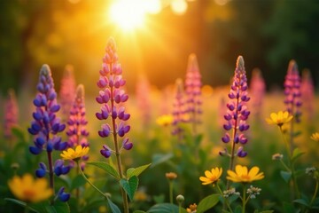 Obraz premium Warm sunset light falls on lupine flowers in a meadow, yellow, sunlight, wildflowers