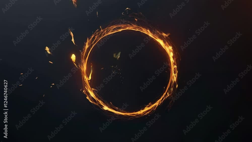 Poster glowing particles swirling and creating a mesmerizing burning ring of fire, emitting vibrant sparks 