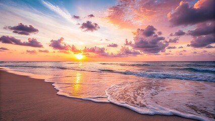 Obraz premium Beautiful Sunset Over the Ocean with Calm Waves on the Beach