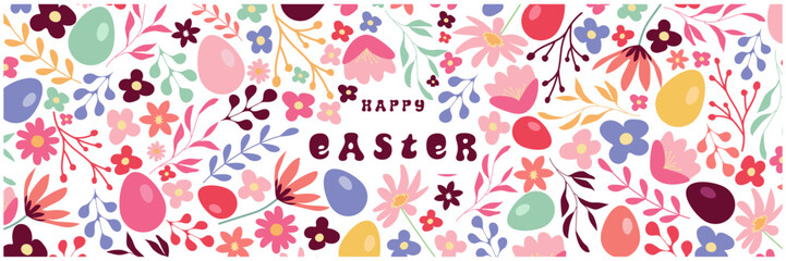 Happy Easter! Modern art minimalist style. Happy Easter banner, poster, greeting card. Easter minimalist design with typography, flowers, bunnies and eggs in pastel colors.