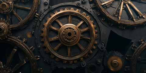 Steampunk bronze gears and cogs background with vintage mechanical elements.