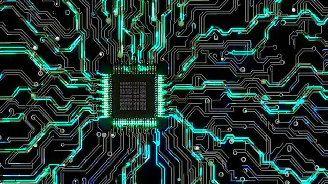 Central Processing Unit: A close-up shot reveals the intricate circuitry of a computer's central processing unit (CPU), glowing with vibrant green and blue hues against a dark background.