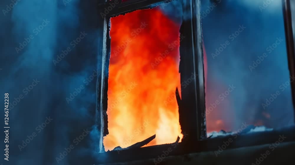 Aufkleber Smoke billowing from a broken window of a burning building, creating a dramatic and dangerous scene with orange flames visible through the shattered glass