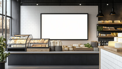 Cheesemonger shop with one poster frame on wall next to window in natural daylight. 