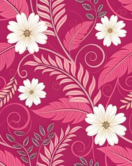 Intricate Floral Pattern with Pink and White Flowers on Red Background