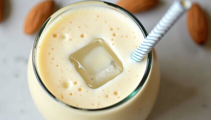 Creamy almond banana smoothie with ice cube in a glass.