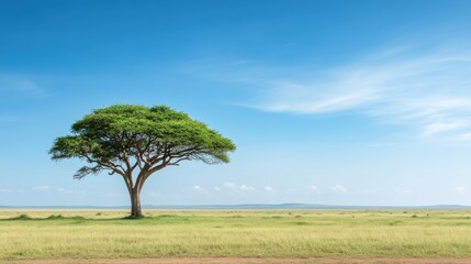 Obraz premium Solitary Acacia Tree Under Clear Blue Sky Amidst Lush Green Grass Landscape in African Savanna Environment