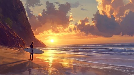 Fototapeta premium Surfer stands on the beach, surfboard in hand, gazing at the mesmerizing sunset over the ocean. Waves gently lap the shore, creating a serene and peaceful atmosphere