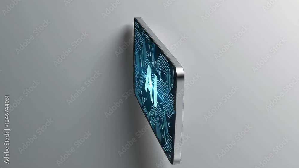 Poster advanced tablet device spinning slowly, revealing cutting edge artificial intelligence logo against 