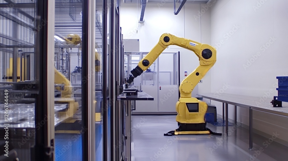 Poster yellow robotic arm efficiently working in a high-tech manufacturing facility, showcasing automation 