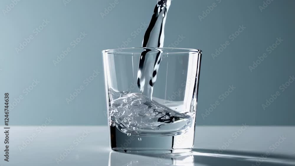 Poster refreshing water fills a glass, creating bubbles and ripples, showcased in a captivating slow motion