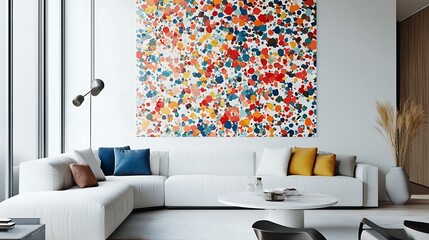 Creative wallpaper and a white sofa set in a modern living area